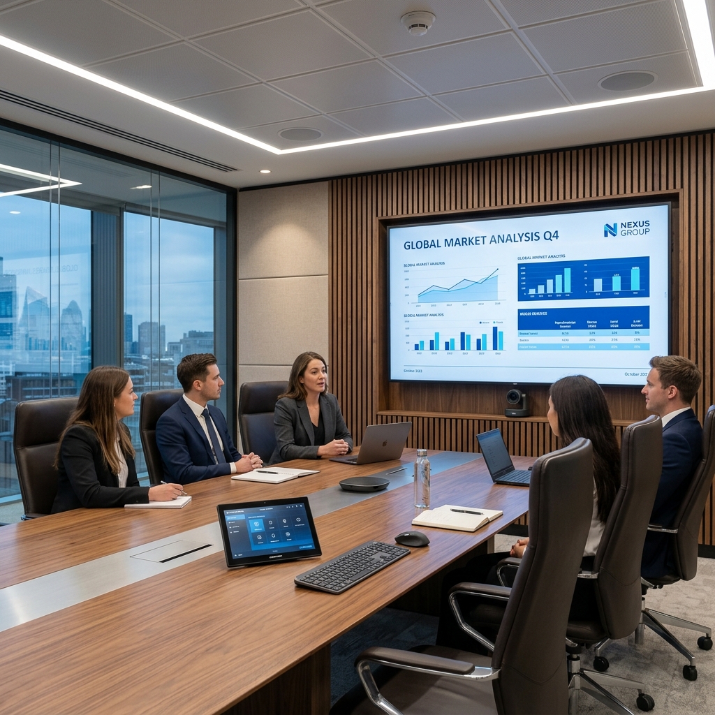 Modern corporate conference room with professional AV installation and video conferencing