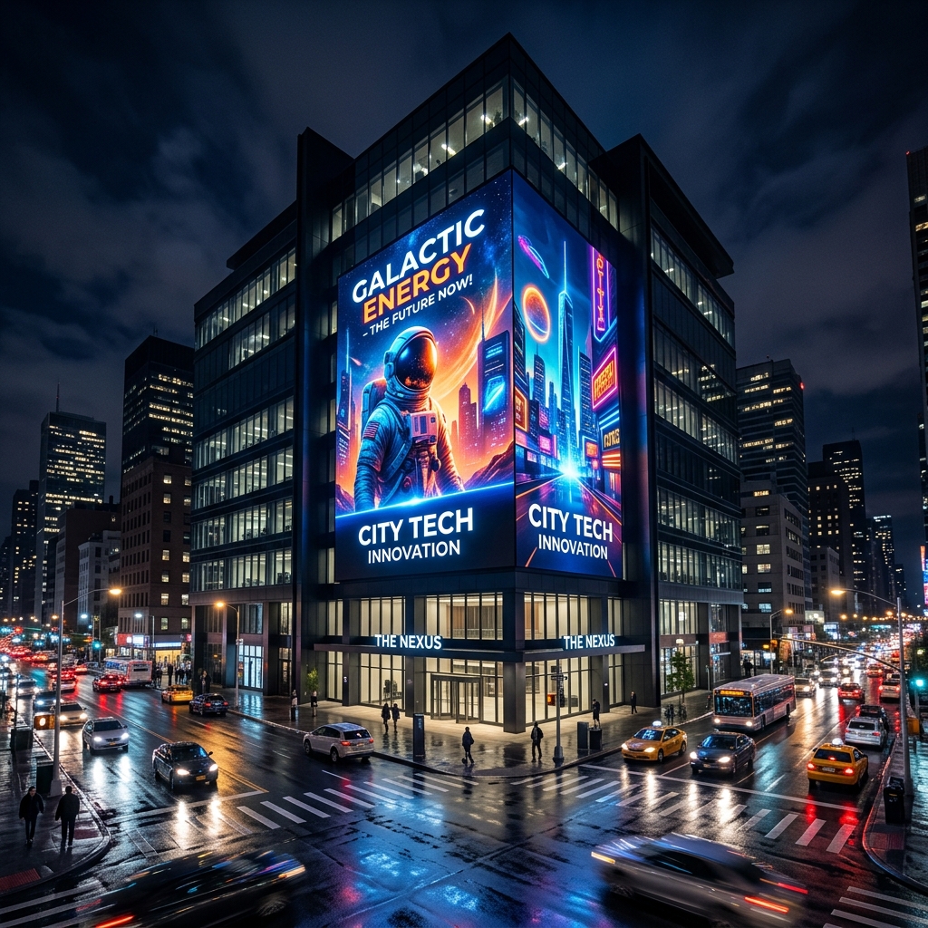 Large format outdoor LED signage installation visible in bright daylight conditions