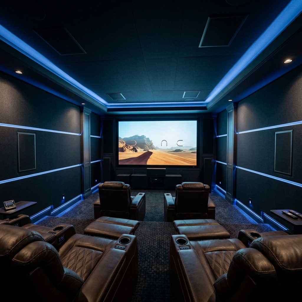 Luxury residential home theater room with premium AV installation and Dolby Atmos audio