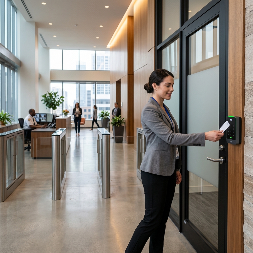 Modern access control system with credential reader and entry management