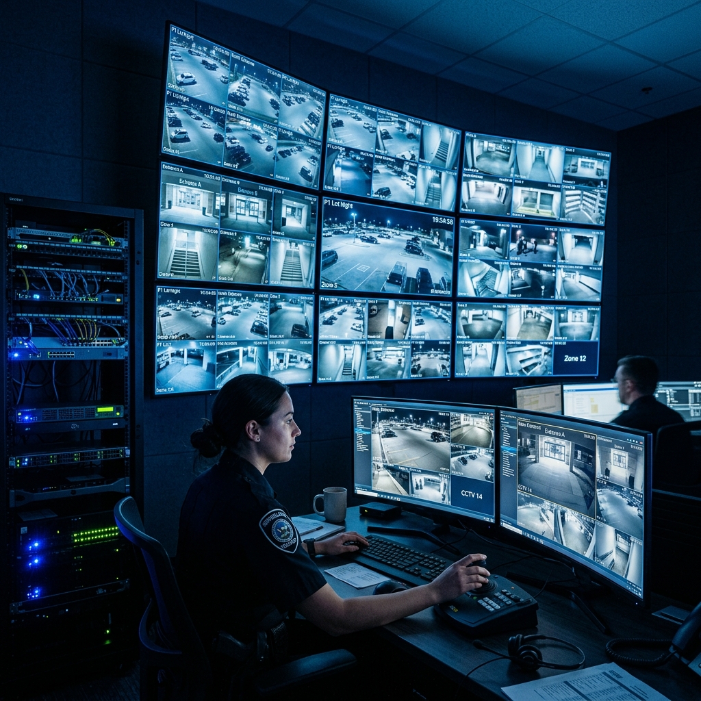 Professional security command center with multi-monitor surveillance system