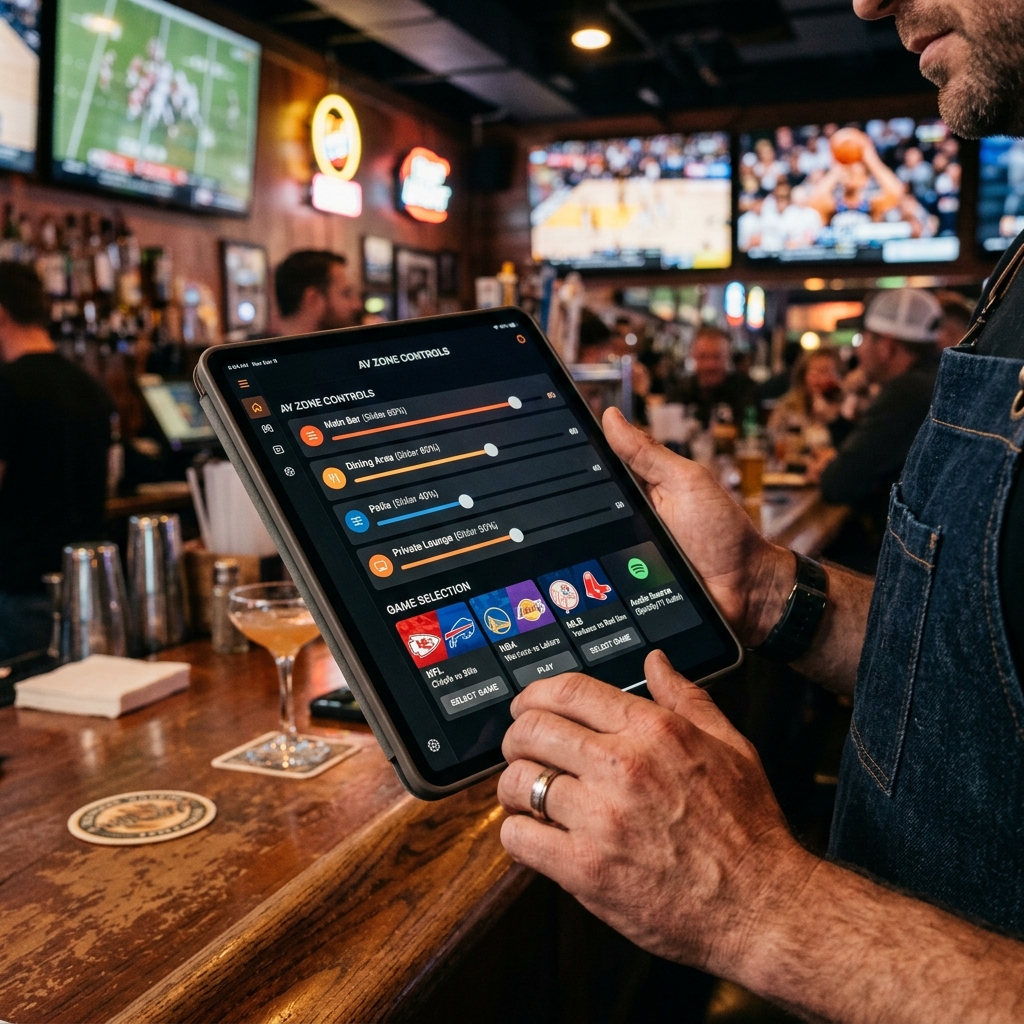 Bartender controlling all AV zones with a single tablet