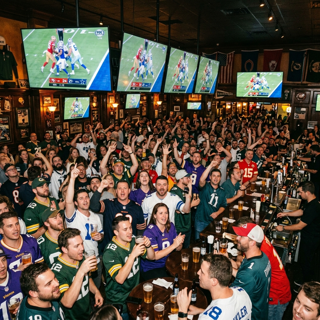 Packed sports bar with fans watching game day on multiple screens