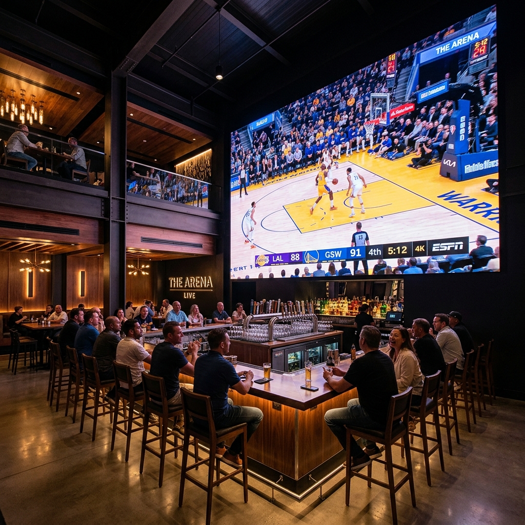 Premium sports bar with massive LED video wall showing live sports